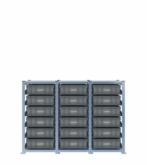 Scaffale H1000 a 3 campate con 18 contenitori Euro 600x400x130h, vista frontale