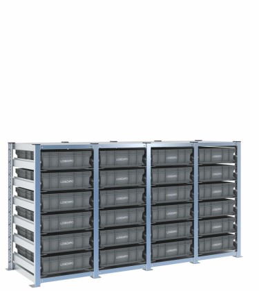Scaffale H1000 a 4 campate con 24 contenitori Euro 600x400x130h, vista prospettica
