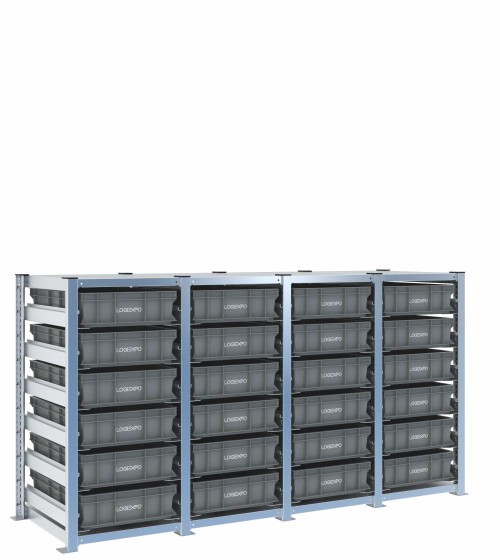 Scaffale H1000 a 4 campate con 24 contenitori Euro 600x400x130h, vista prospettica