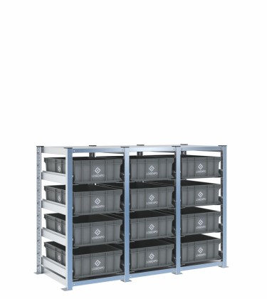 Scaffale H1000 a 3 campate con 12 contenitori Euro 600x400x170h, vista prospettica