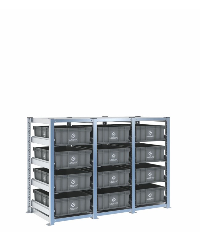 Scaffale H1000 a 3 campate con 12 contenitori Euro 600x400x170h, vista prospettica