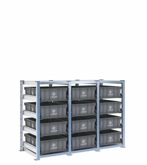 Scaffale H1000 a 3 campate con 12 contenitori Euro 600x400x170h, vista prospettica