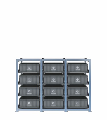 Scaffale H1000 a 3 campate con 12 contenitori Euro 600x400x170h, vista prospettica 2