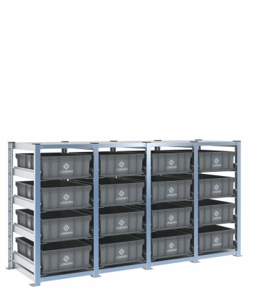 Scaffale H1000 a 4 campate con 16 contenitori Euro 600x400x170h, vista prospettica