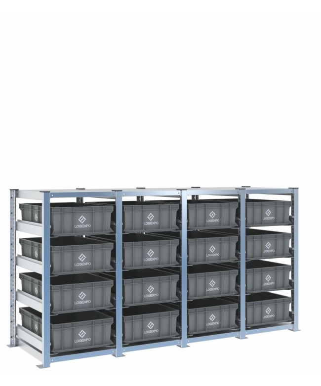 Scaffale H1000 a 4 campate con 16 contenitori Euro 600x400x170h, vista prospettica