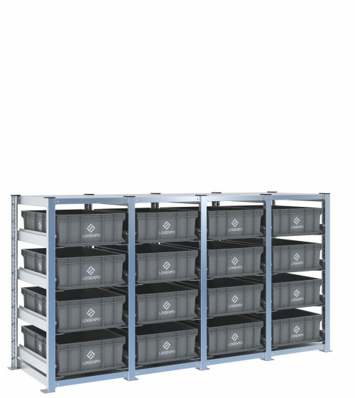Scaffale H1000 a 4 campate con 16 contenitori Euro 600x400x170h, vista prospettica