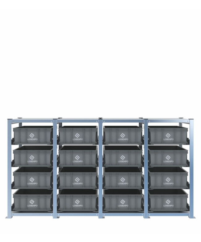 Scaffale H1000 a 4 campate con 16 contenitori Euro 600x400x170h, vista frontale