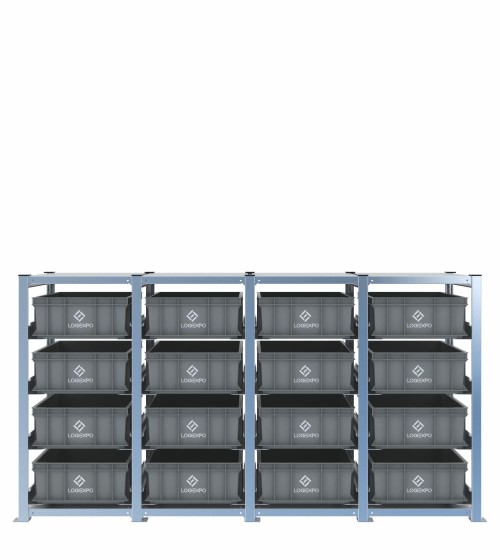 Scaffale H1000 a 4 campate con 16 contenitori Euro 600x400x170h, vista frontale