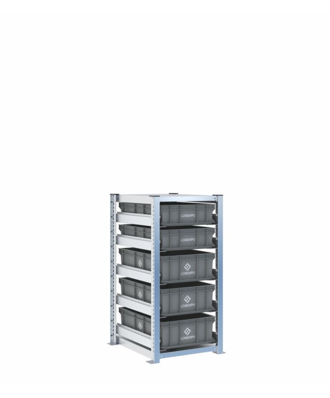 Scaffale H1000 a 1 campata con 5 contenitori Euro 600x400 di altezze 170h e 130h, vista prospettica