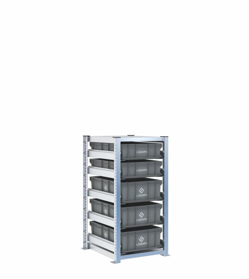 Scaffale H1000 a 1 campata con 5 contenitori Euro 600x400 di altezze 170h e 130h, vista prospettica