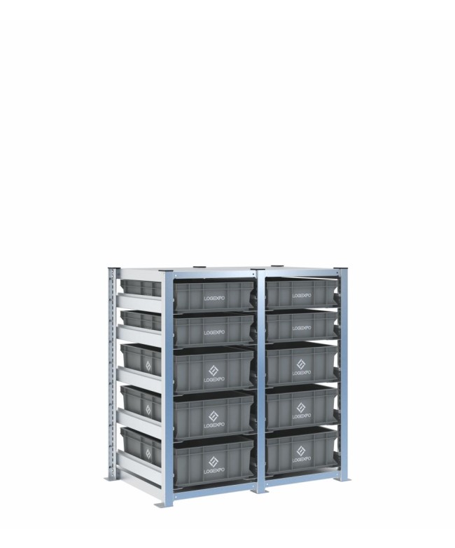 Scaffale H1000 a 2 campate con 10 contenitori Euro 600x400 di altezze 170h e 130h, vista prospettica