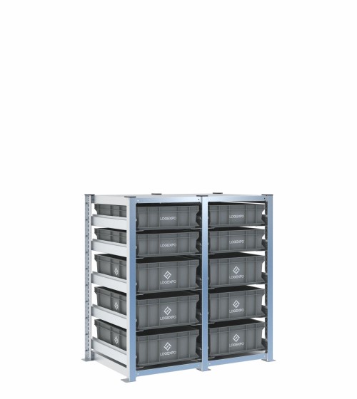 Scaffale H1000 a 2 campate con 10 contenitori Euro 600x400 di altezze 170h e 130h, vista prospettica