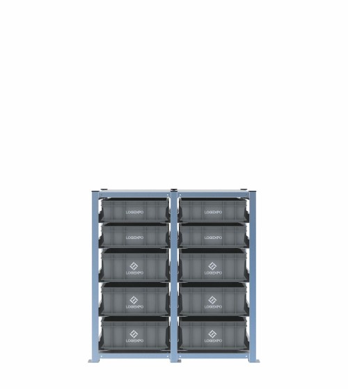 Scaffale H1000 a 2 campate con 10 contenitori Euro 600x400 di altezze 170h e 130h, vista frontale