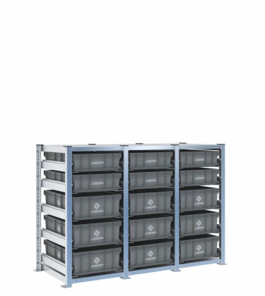 Scaffale H1000 a 3 campate con 15 contenitori Euro 600x400 di altezze 170h e 130h, vista prospettica