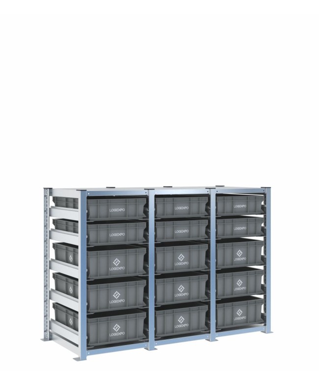 Scaffale H1000 a 3 campate con 15 contenitori Euro 600x400 di altezze 170h e 130h, vista prospettica