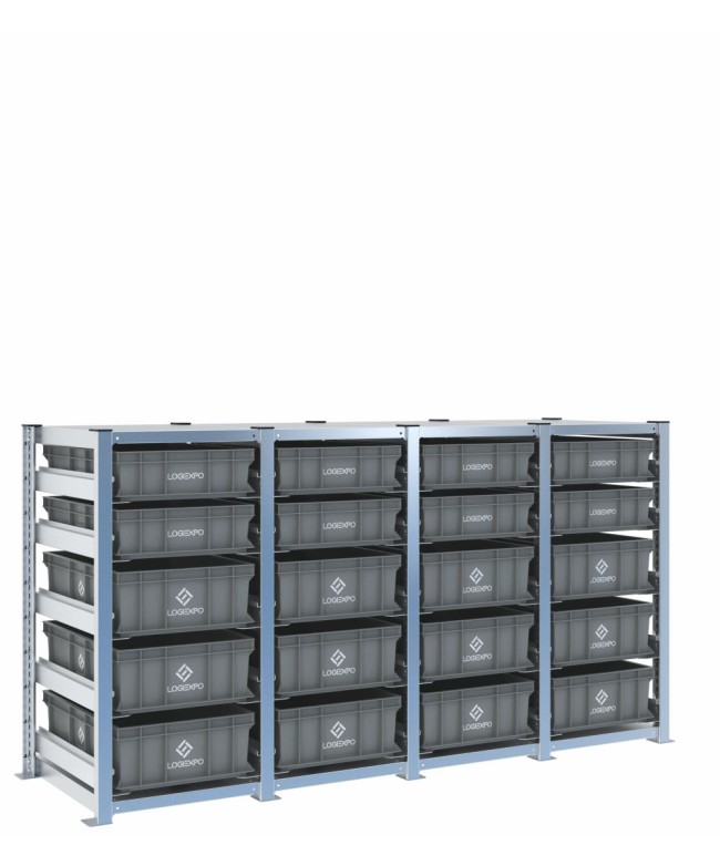 Scaffale H1000 a 4 campate con 20 contenitori Euro 600x400 di altezze 170h e 130h, vista prospettica
