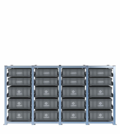 Scaffale H1000 a 4 campate con 20 contenitori Euro 600x400 di altezze 170h e 130h, vista frontale
