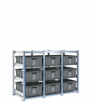 Scaffale H1000 a 3 campate con 9 contenitori Euro 600x400x220h, vista prospettica