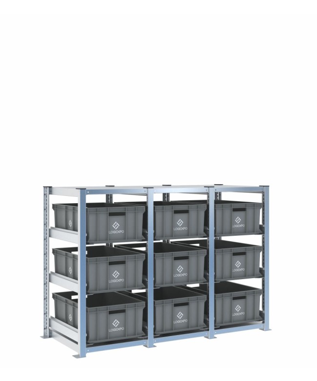 Scaffale H1000 a 3 campate con 9 contenitori Euro 600x400x220h, vista prospettica