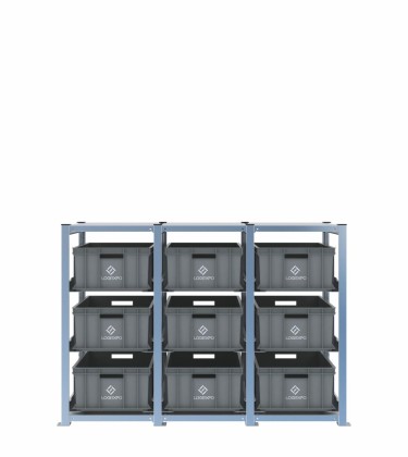 Scaffale H1000 a 3 campate con 9 contenitori Euro 600x400x220h, vista prospettica 2