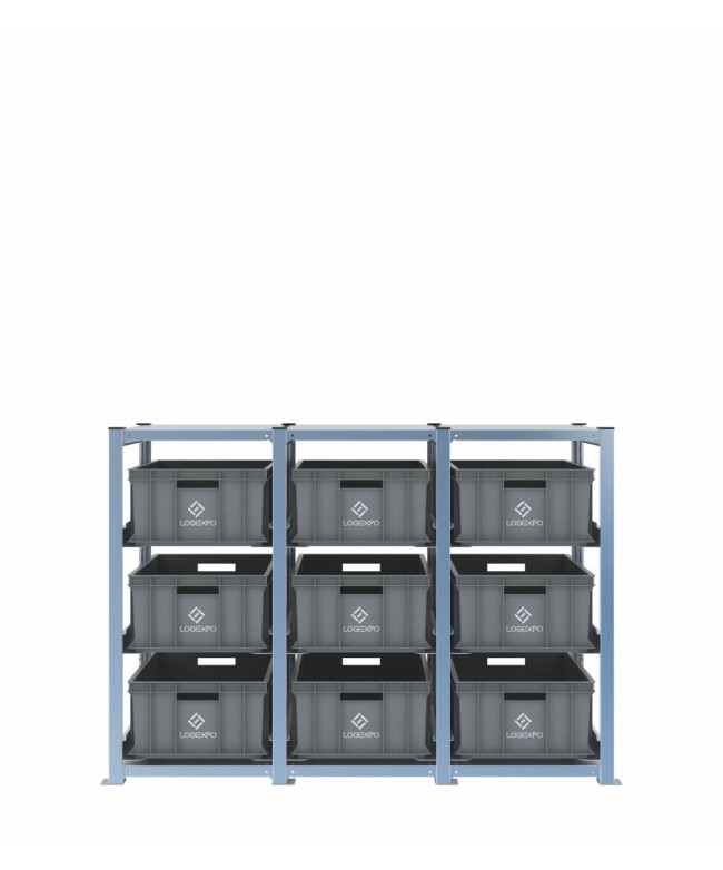 Scaffale H1000 a 3 campate con 9 contenitori Euro 600x400x220h, vista frontale