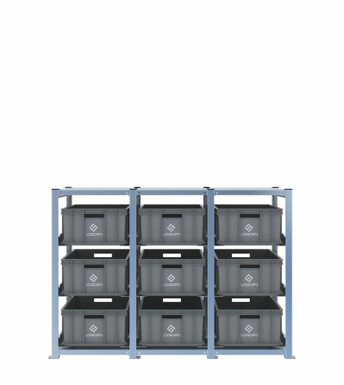 Scaffale H1000 a 3 campate con 9 contenitori Euro 600x400x220h, vista frontale