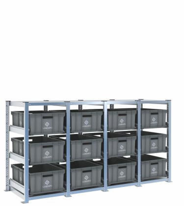 Scaffale H1000 a 4 campate con 12 contenitori Euro 600x400x220h, vista prospettica