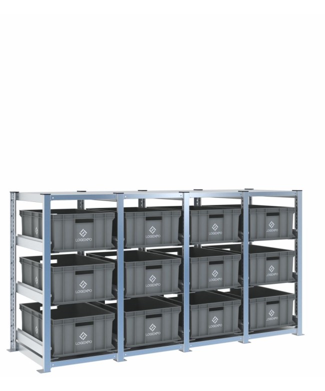 Scaffale H1000 a 4 campate con 12 contenitori Euro 600x400x220h, vista prospettica