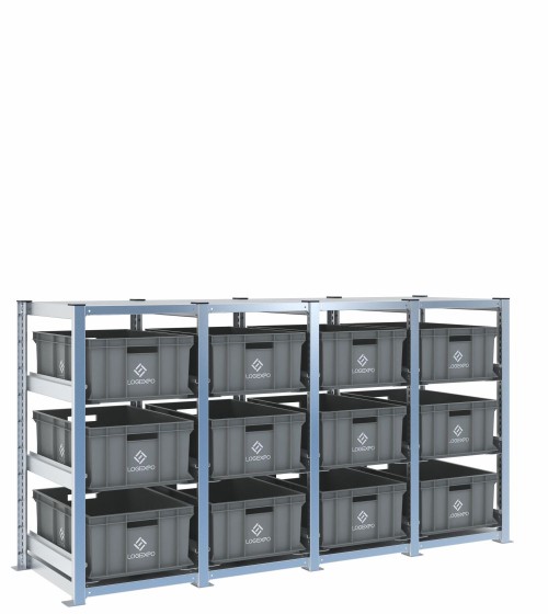 Scaffale H1000 a 4 campate con 12 contenitori Euro 600x400x220h, vista prospettica