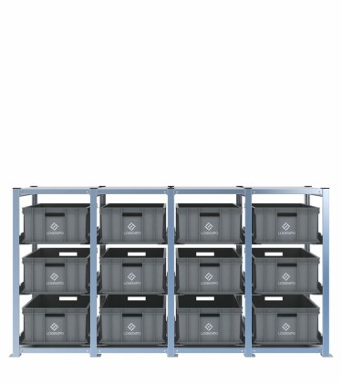 Scaffale H1000 a 4 campate con 12 contenitori Euro 600x400x220h, vista prospettica 2