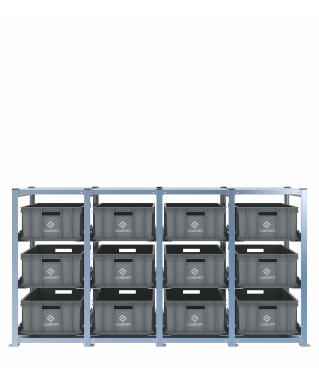 Scaffale H1000 a 4 campate con 12 contenitori Euro 600x400x220h, vista frontale