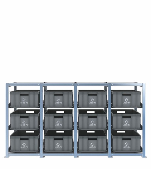 Scaffale H1000 a 4 campate con 12 contenitori Euro 600x400x220h, vista frontale