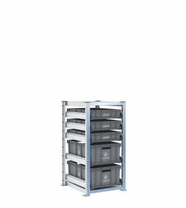 Scaffale H1000 a 1 campata con 5 contenitori Euro 600x400 di altezze 220h e 100h, vista prospettica