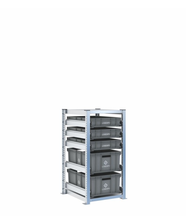 Scaffale H1000 a 1 campata con 5 contenitori Euro 600x400 di altezze 220h e 100h, vista prospettica
