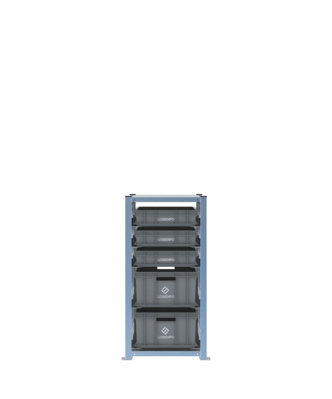 Scaffale H1000 a 1 campata con 5 contenitori Euro 600x400 di altezze 220h e 100h, vista frontale
