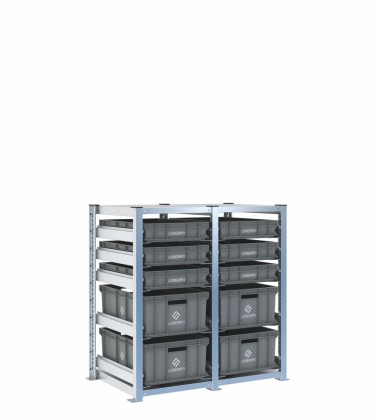 Scaffale H1000 a 2 campate con 10 contenitori Euro 600x400 di altezze 220h e 100h, vista prospettica