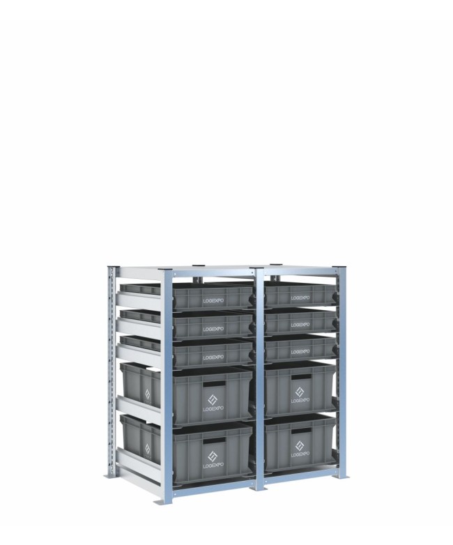 Scaffale H1000 a 2 campate con 10 contenitori Euro 600x400 di altezze 220h e 100h, vista prospettica