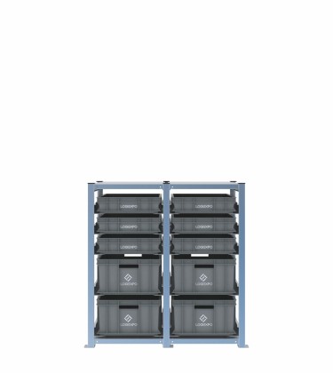 Scaffale H1000 a 2 campate con 10 contenitori Euro 600x400 di altezze 220h e 100h, vista prospettica 2