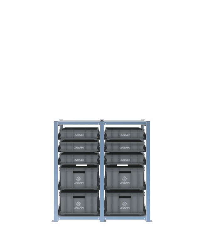 Scaffale H1000 a 2 campate con 10 contenitori Euro 600x400 di altezze 220h e 100h, vista frontale