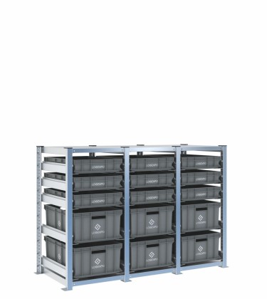Scaffale H1000 a 3 campate con 15 contenitori Euro 600x400 di altezze 220h e 100h, vista prospettica