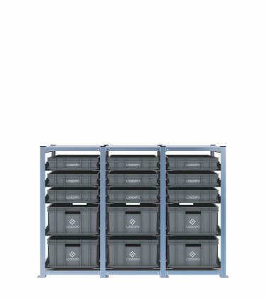 Scaffale H1000 a 3 campate con 15 contenitori Euro 600x400 di altezze 220h e 100h, vista prospettica 2