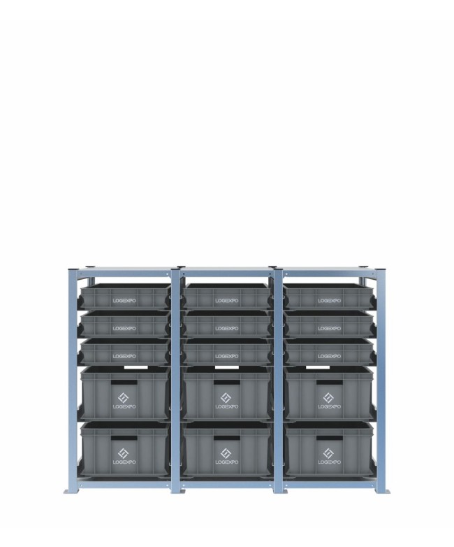 Scaffale H1000 a 3 campate con 15 contenitori Euro 600x400 di altezze 220h e 100h, vista frontale