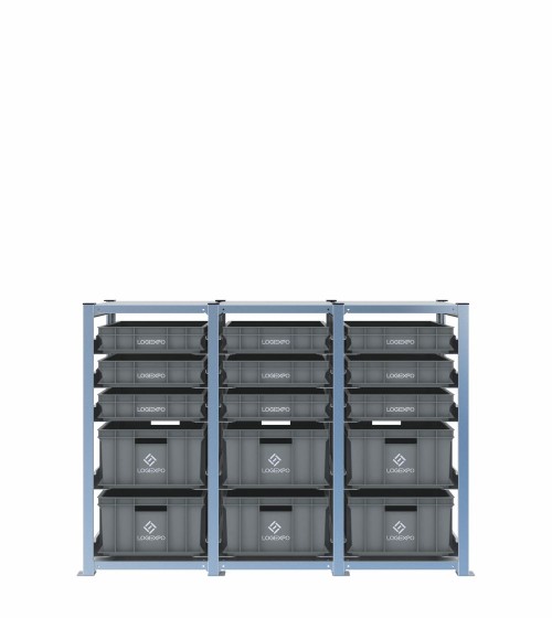 Scaffale H1000 a 3 campate con 15 contenitori Euro 600x400 di altezze 220h e 100h, vista frontale