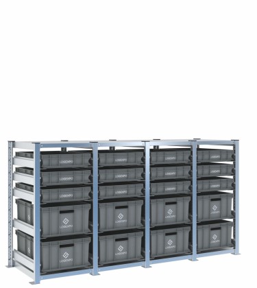 Scaffale H1000 a 4 campate con 20 contenitori Euro 600x400 di altezze 220h e 100h, vista prospettica