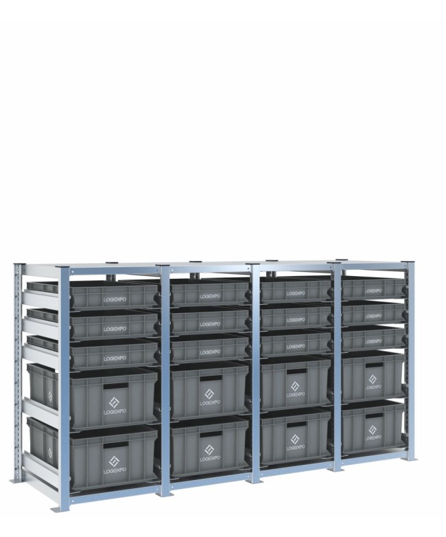Scaffale H1000 a 4 campate con 20 contenitori Euro 600x400 di altezze 220h e 100h, vista prospettica