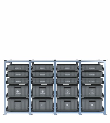 Scaffale H1000 a 4 campate con 20 contenitori Euro 600x400 di altezze 220h e 100h, vista prospettica 2