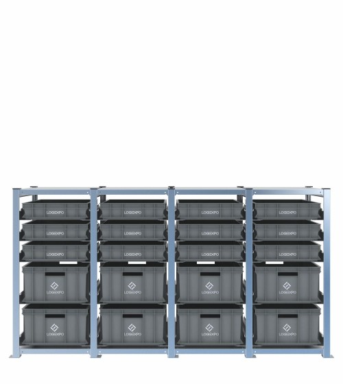 Scaffale H1000 a 4 campate con 20 contenitori Euro 600x400 di altezze 220h e 100h, vista frontale