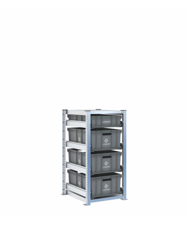 Scaffale H1000 a 1 campata con 4 contenitori Euro 600x400 di altezze 220h e 130h, vista prospettica
