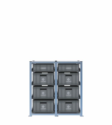 Scaffale H1000 a 2 campate con 8 contenitori Euro 600x400 di altezze 220h e 130h, vista prospettica 2