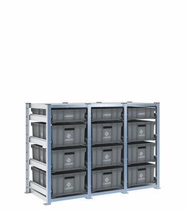 Scaffale H1000 a 3 campate con 12 contenitori Euro 600x400 di altezze 220h e 130h, vista prospettica